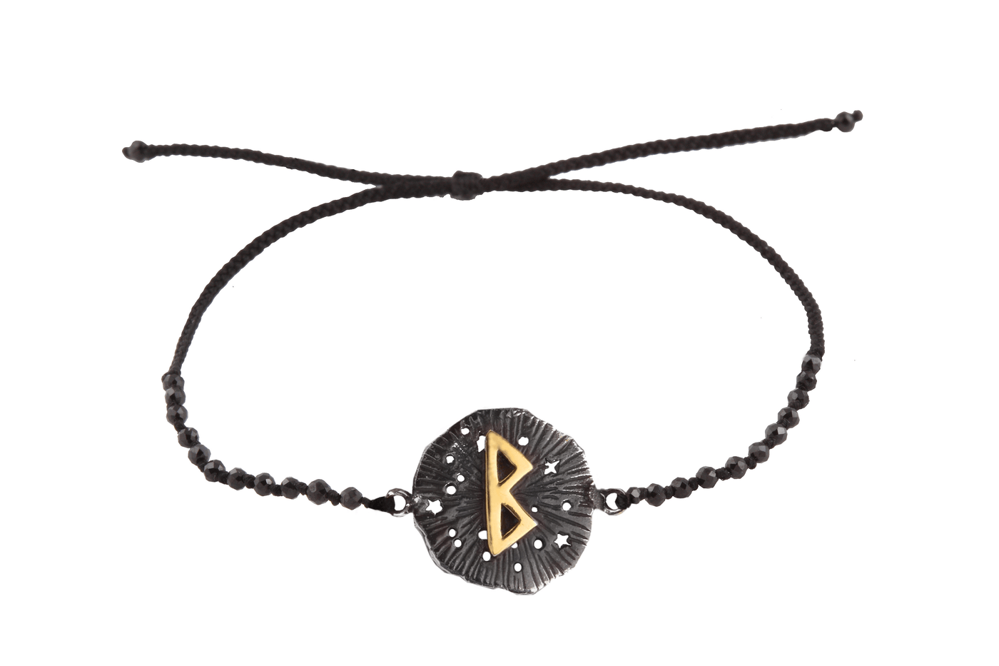 Runic medallion amulet Berkana bracelet with beads. Gold plated and oxide