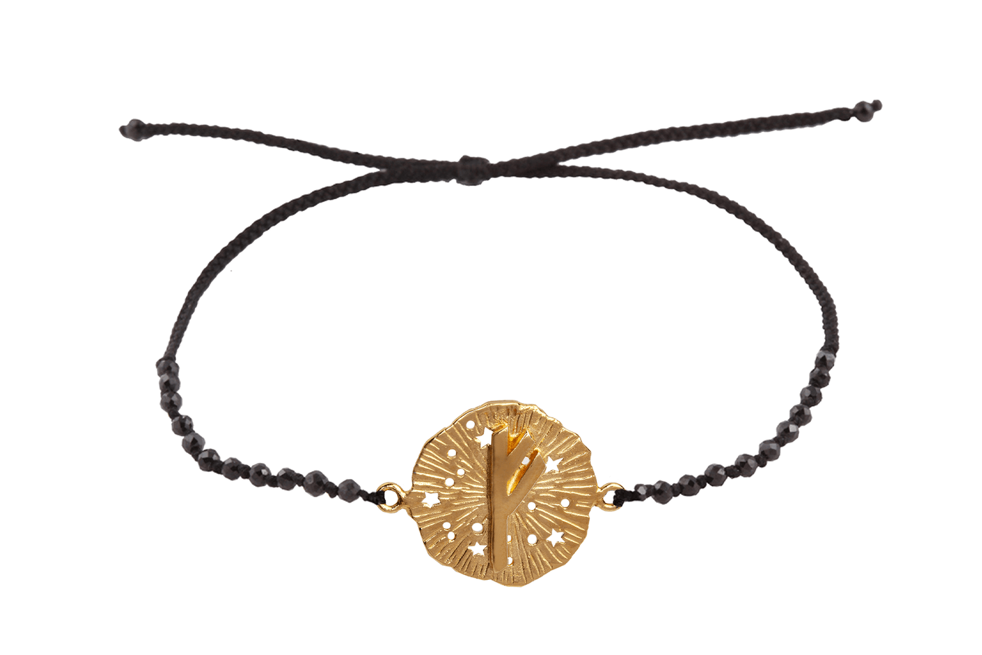 Runic medallion amulet Fehu bracelet with beads. Gold plated