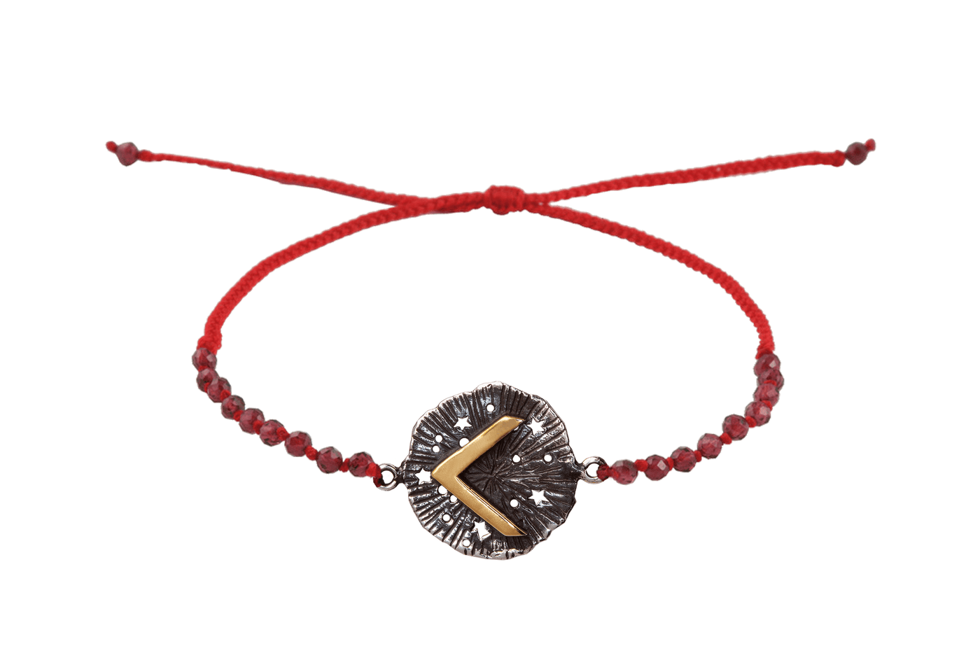 Runic medallion amulet Kenaz bracelet with beads. Gold plated and oxide