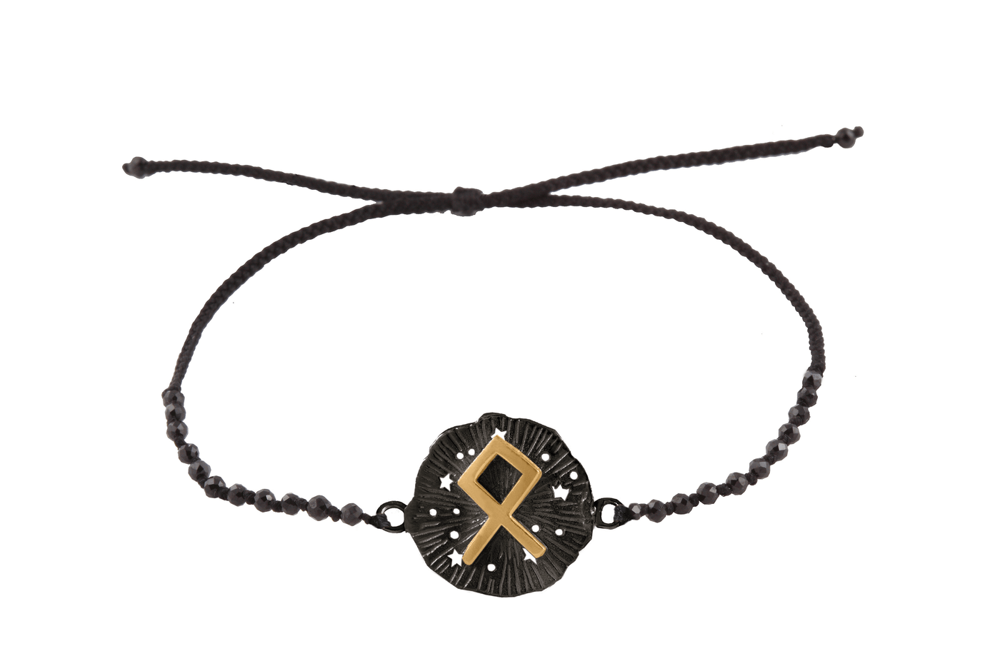 Runic medallion amulet Odal bracelet with beads. Gold plated and oxide