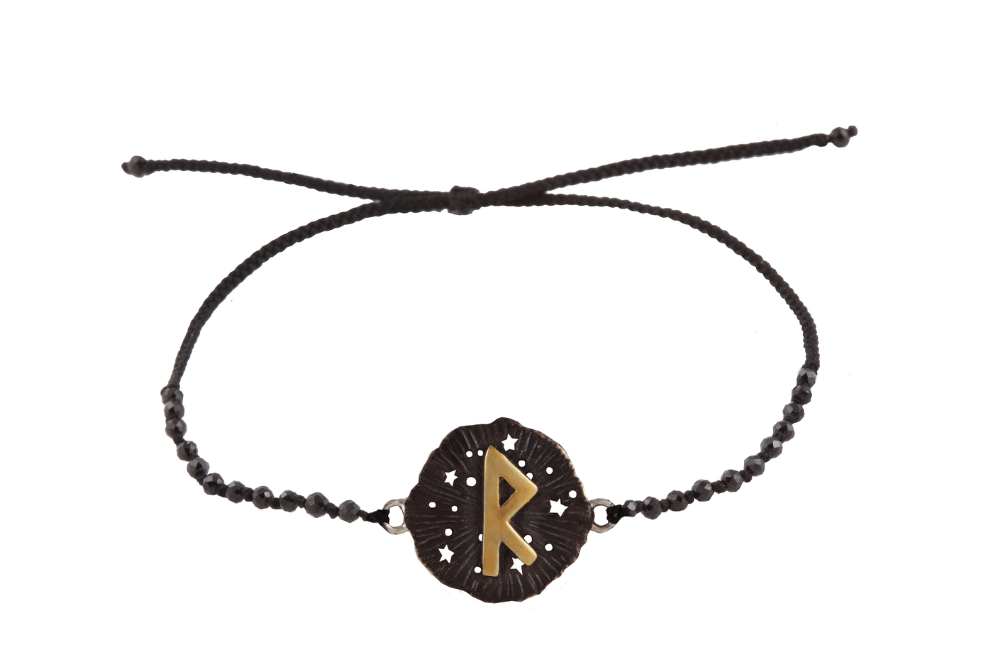 Runic medallion amulet Raido bracelet with beads. Gold plated and oxide