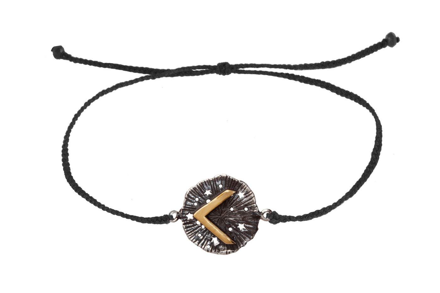String bracelet with runic medallion amulet Kenaz. Gold plated and oxide