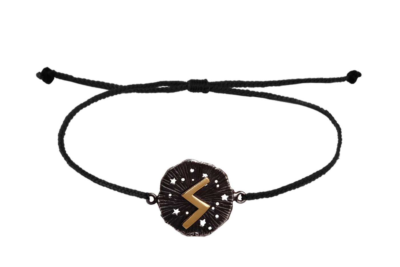 String bracelet with runic medallion amulet Soulo. Gold plated and oxide