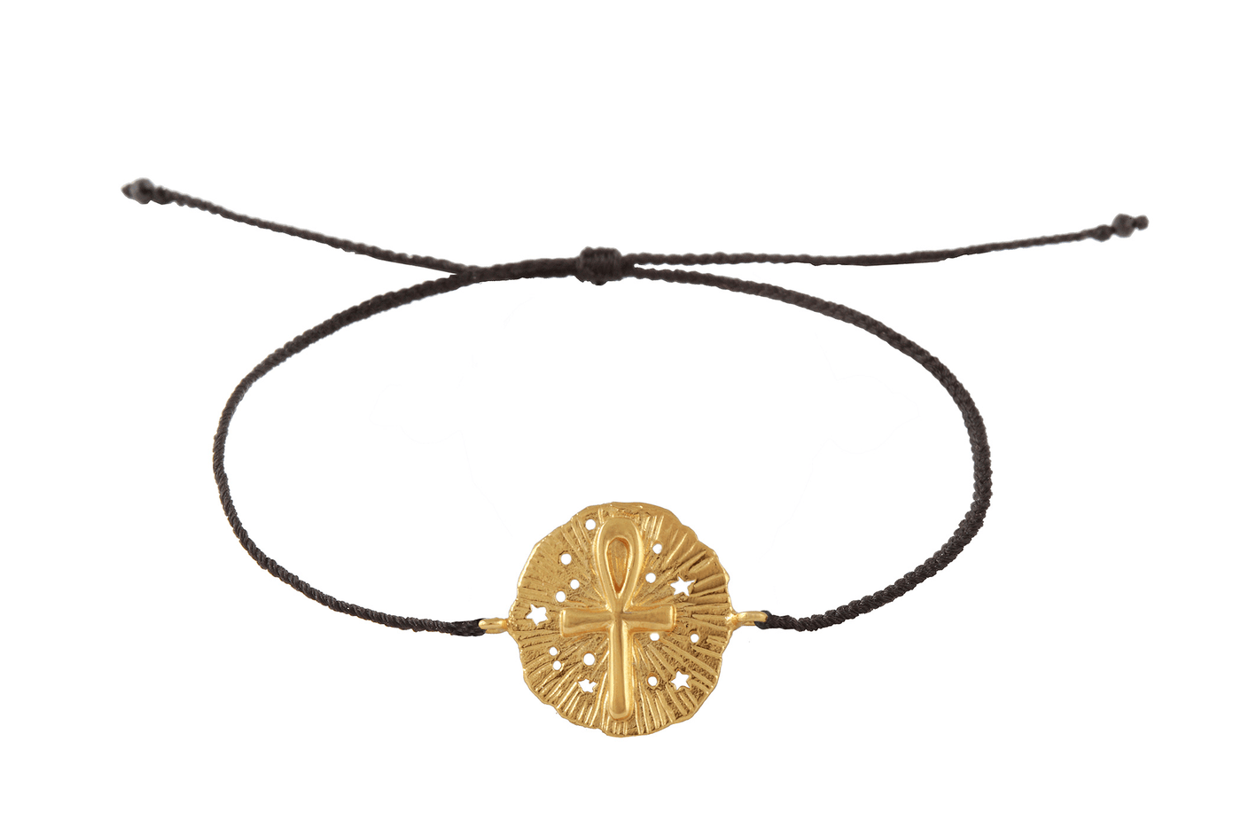 String bracelet with Ankh medallion amulet. Gold plated