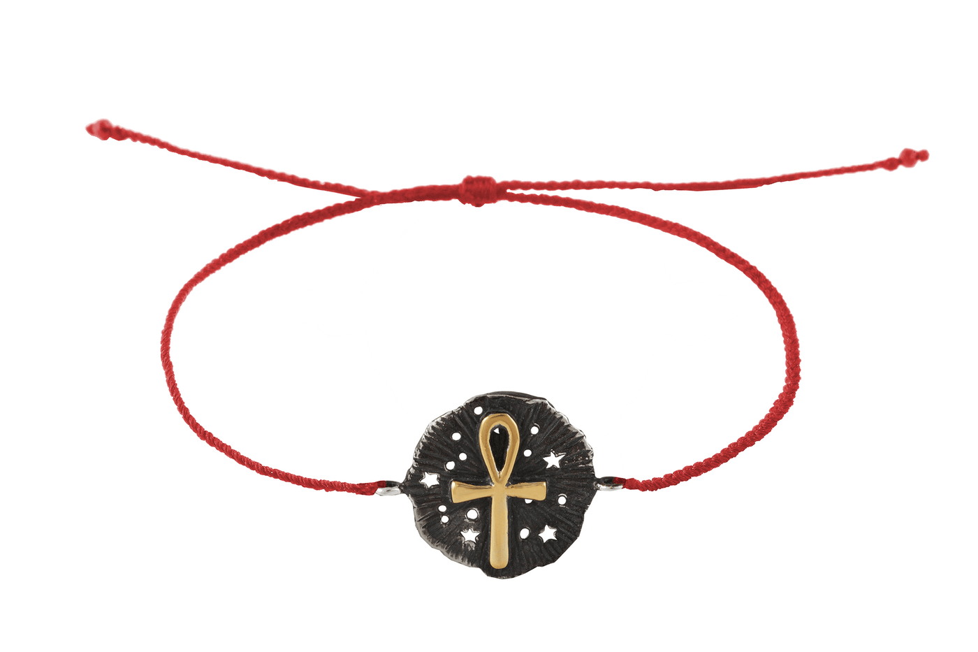 String bracelet with Ankh medallion amulet. Gold plated and oxide