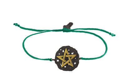 String bracelet with Pentagram medallion talisman. Gold plated and oxide