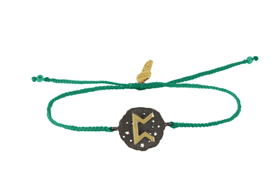 String bracelet with Perth runic medallion talisman, gold plated and oxide