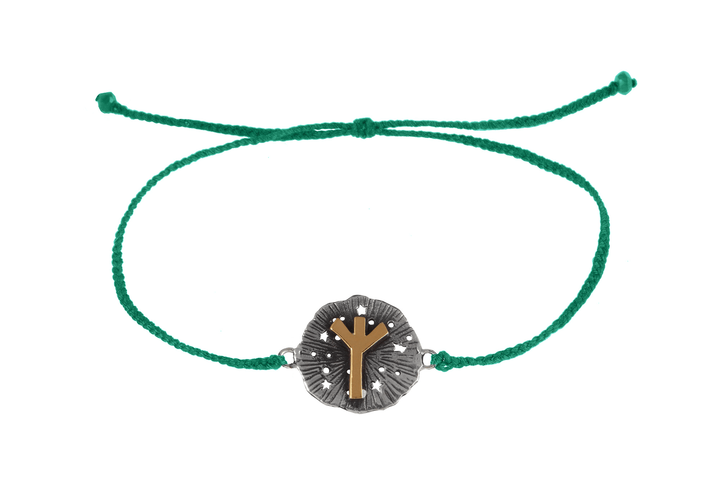 String bracelet with runic medallion amulet Algiz. Gold plated and oxide