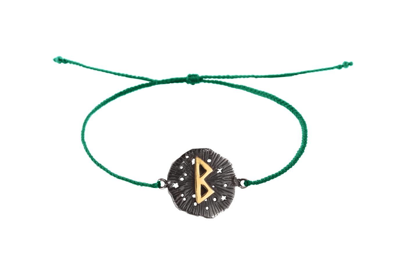 String bracelet with runic medallion amulet Berkana. Gold plated and oxide