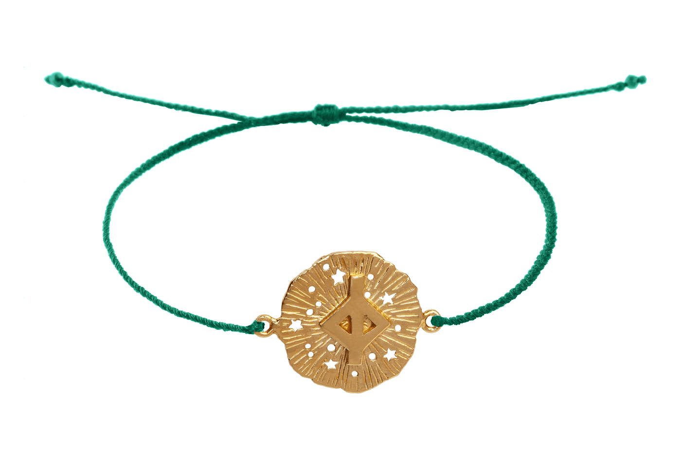 String bracelet with runic medallion amulet Jera. Gold plated