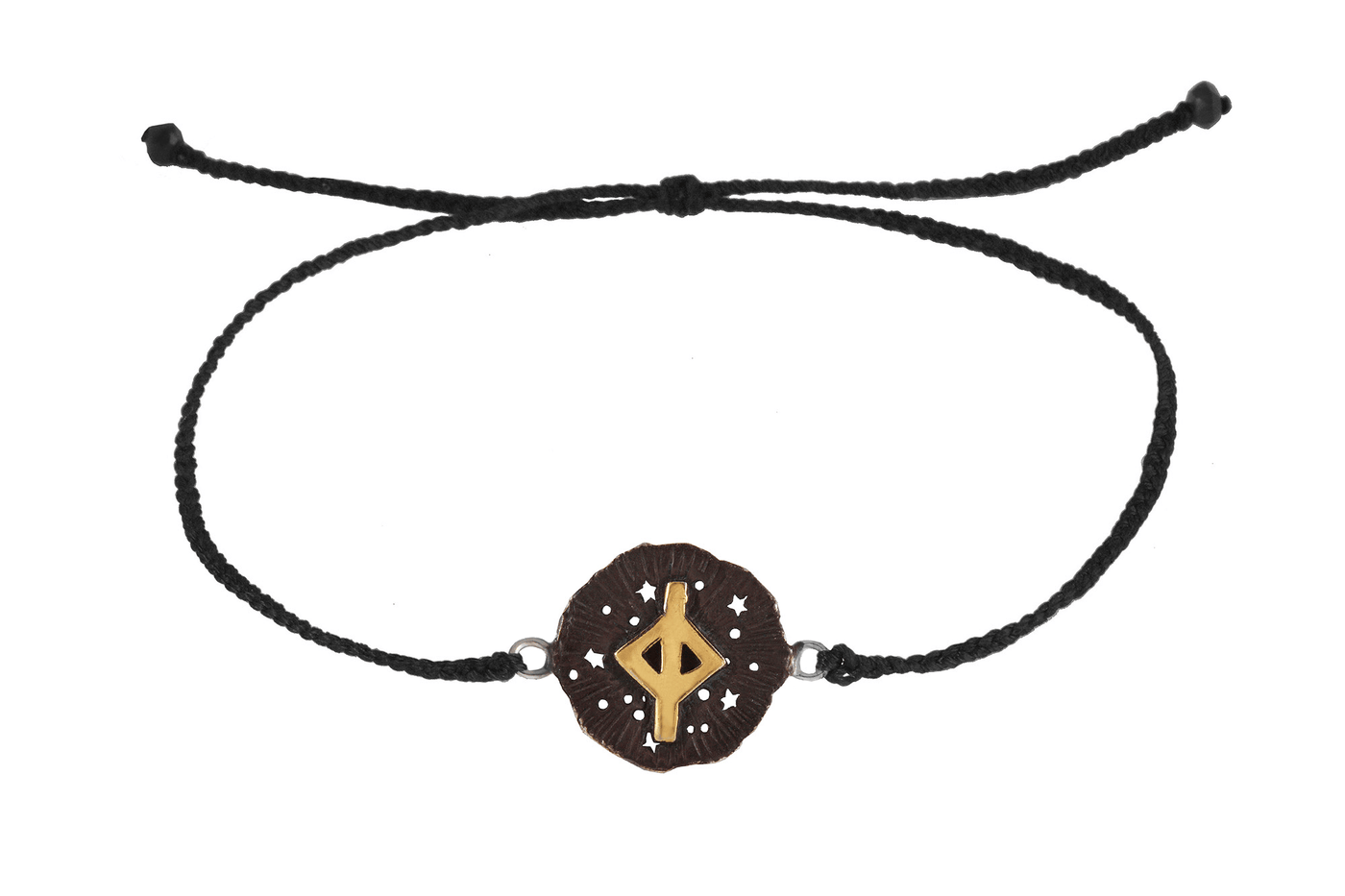 String bracelet with runic medallion amulet Jera. Gold plated and oxide
