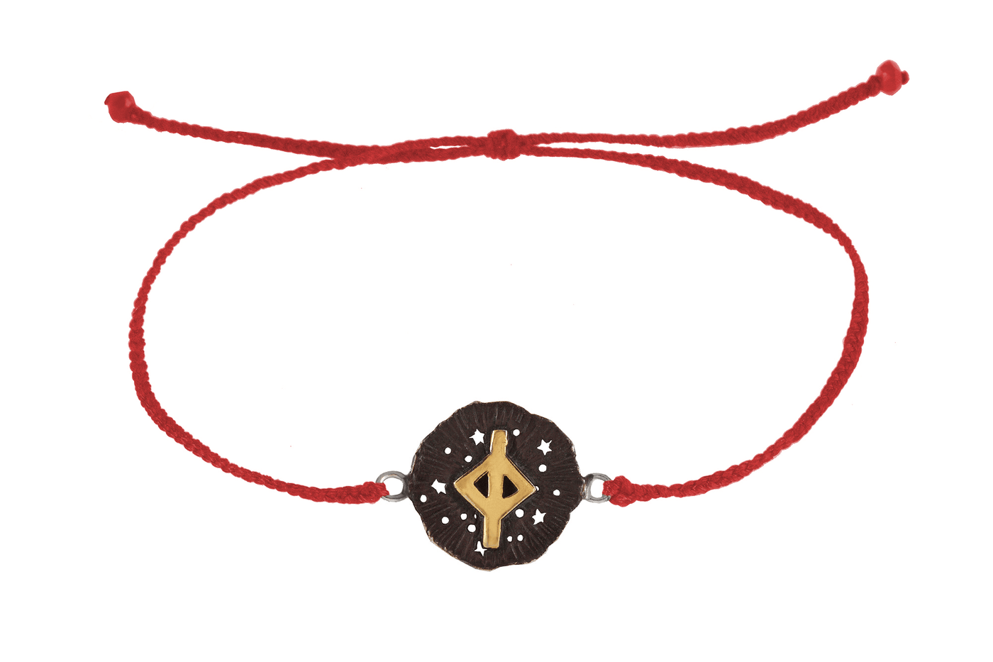String bracelet with runic medallion amulet Jera. Gold plated and oxide