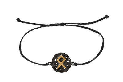 String bracelet with runic medallion amulet Odal. Gold plated and oxide