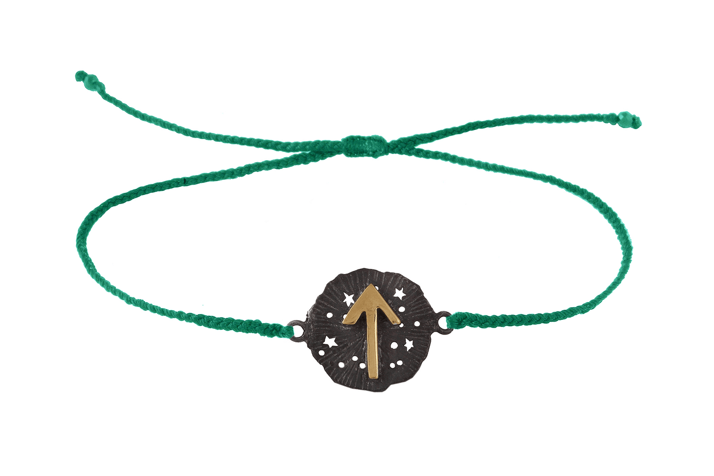 String bracelet with runic medallion amulet Tiwaz. Gold plated and oxide