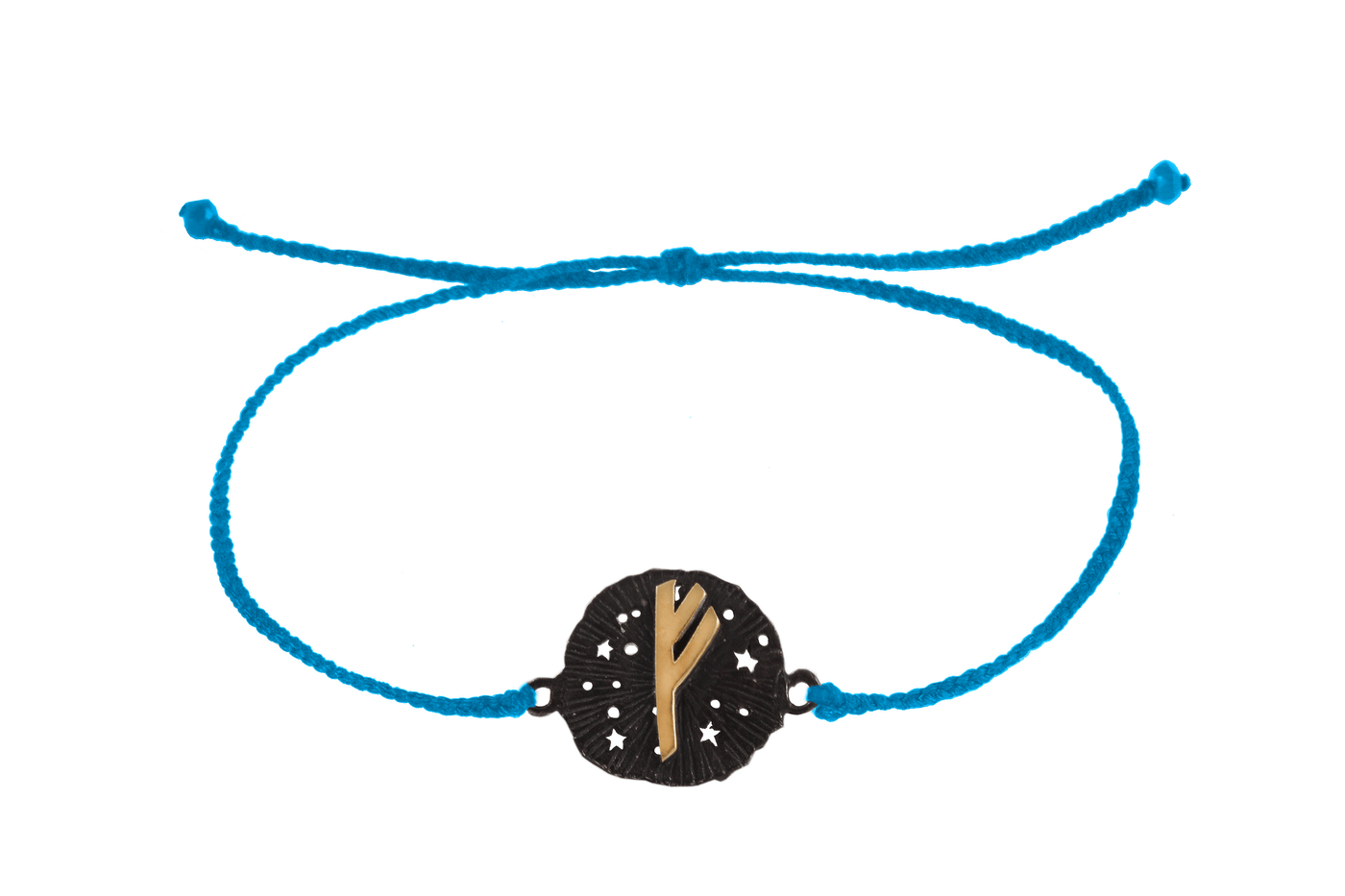 String bracelet with runic medallion amulet Fehu. Gold plated and oxide