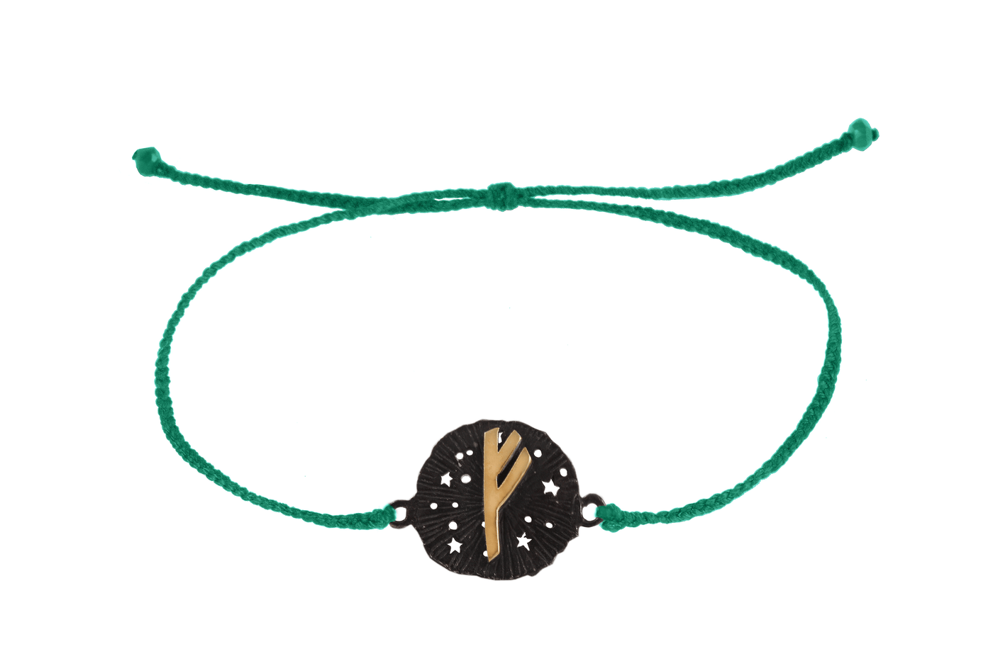 String bracelet with runic medallion amulet Fehu. Gold plated and oxide