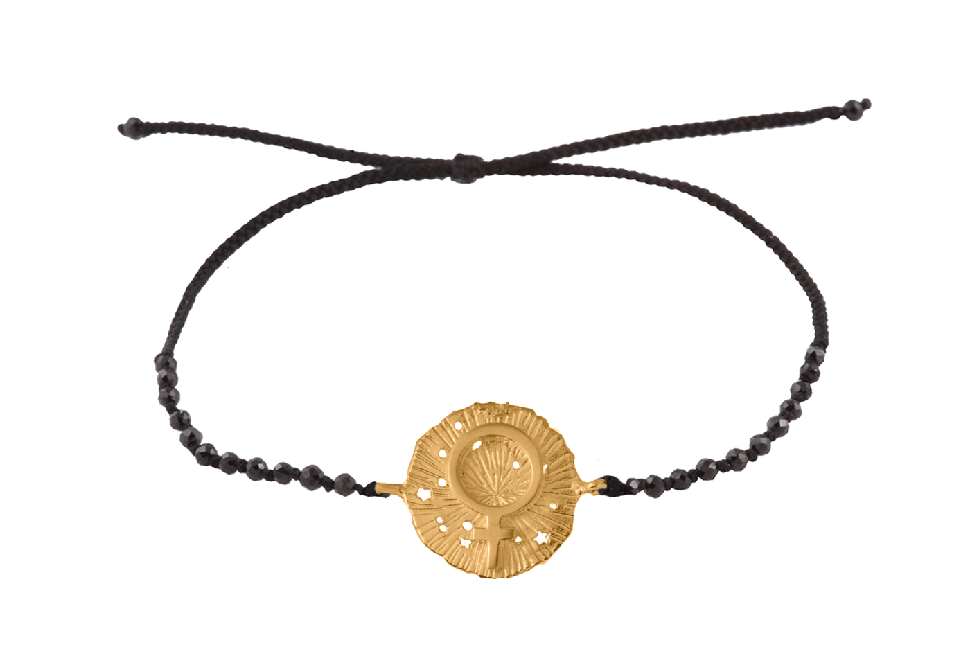 Venus medallion bracelet with semiprecious stone beads. Silver, gold-plated
