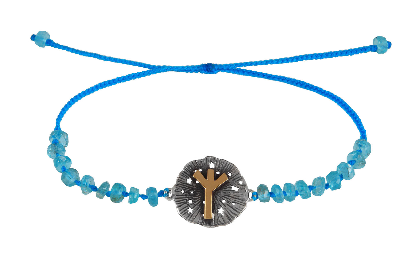 Runic medallion amulet Algiz bracelet with beads. Gold plated and oxide