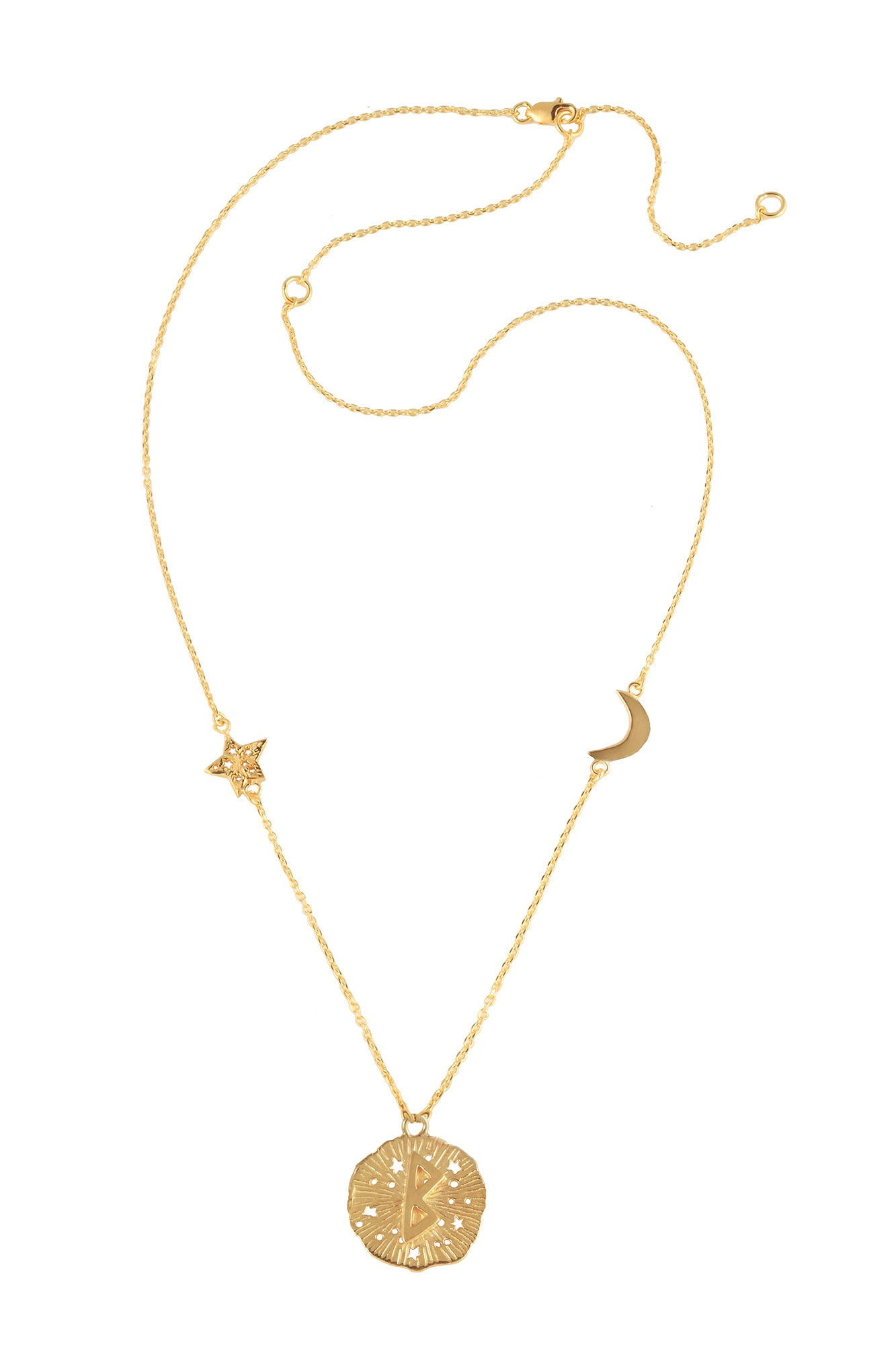 Chain necklace with small runic pendant Berkana, star and moon, 46 сm. Gold plated