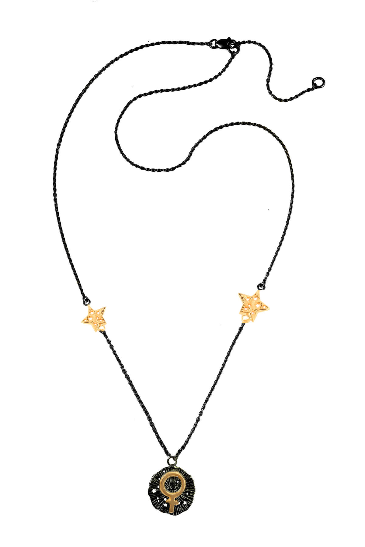 Venus with 2 stars on the chain necklace. 46 cm. Silver, gold-plated, oxidized