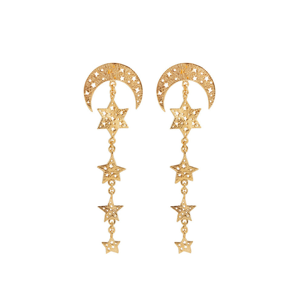 Moon and 4 Stars Earrings. Silver, gold-plated