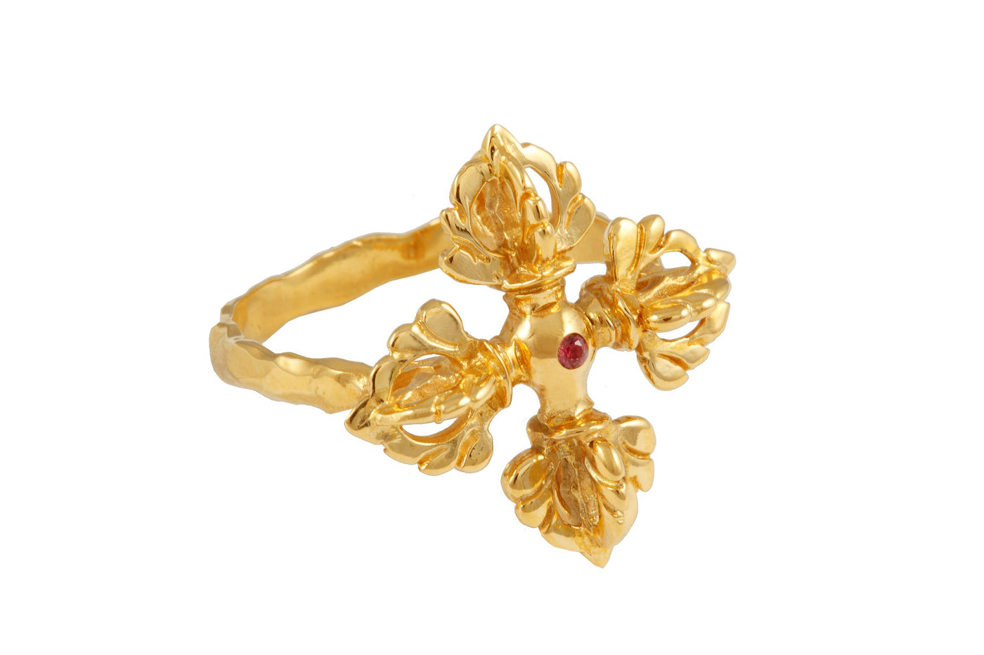 Solid gold Vajra ring. Pink sapphire