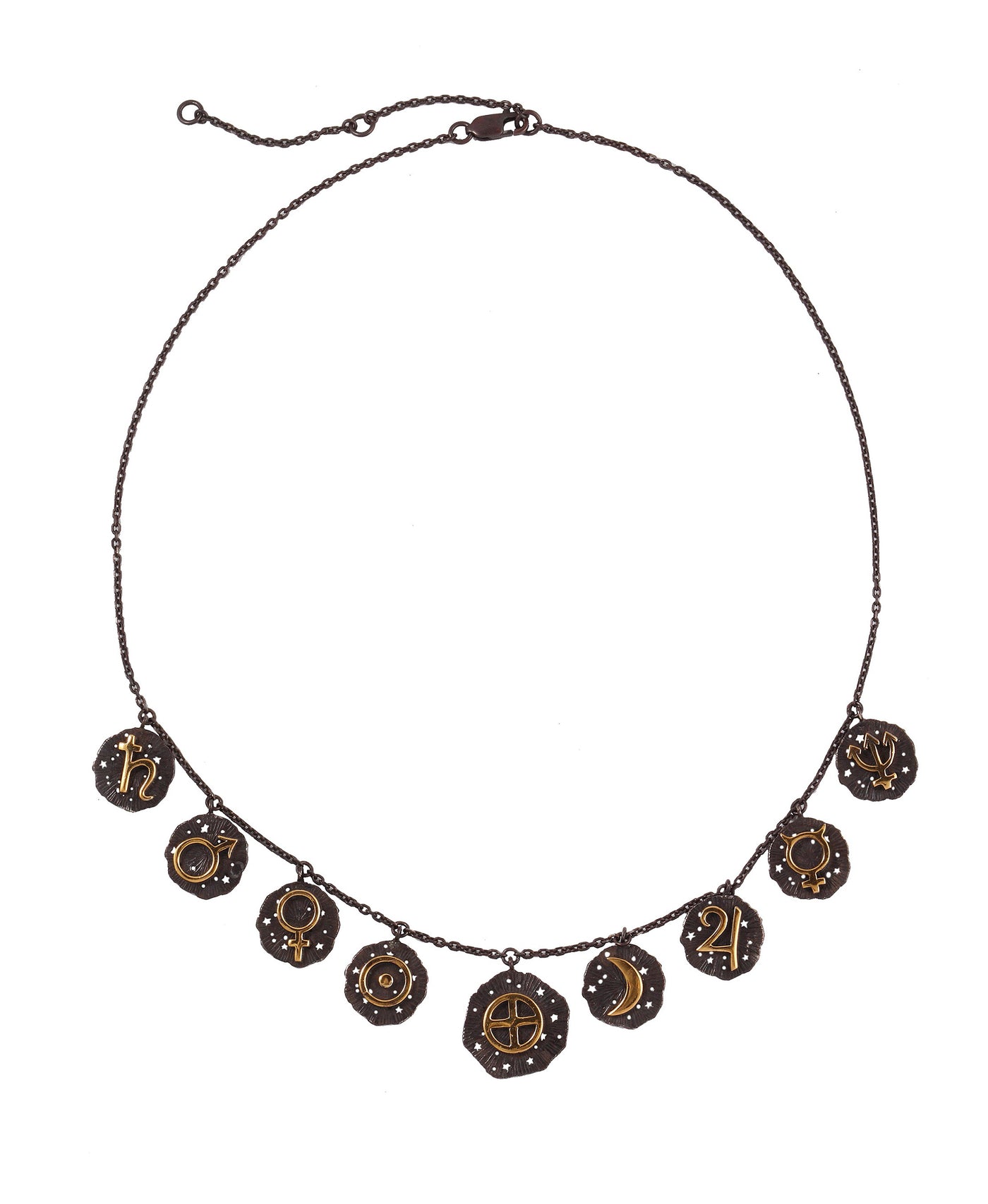All planets necklace. Silver, gold-plated, oxidized