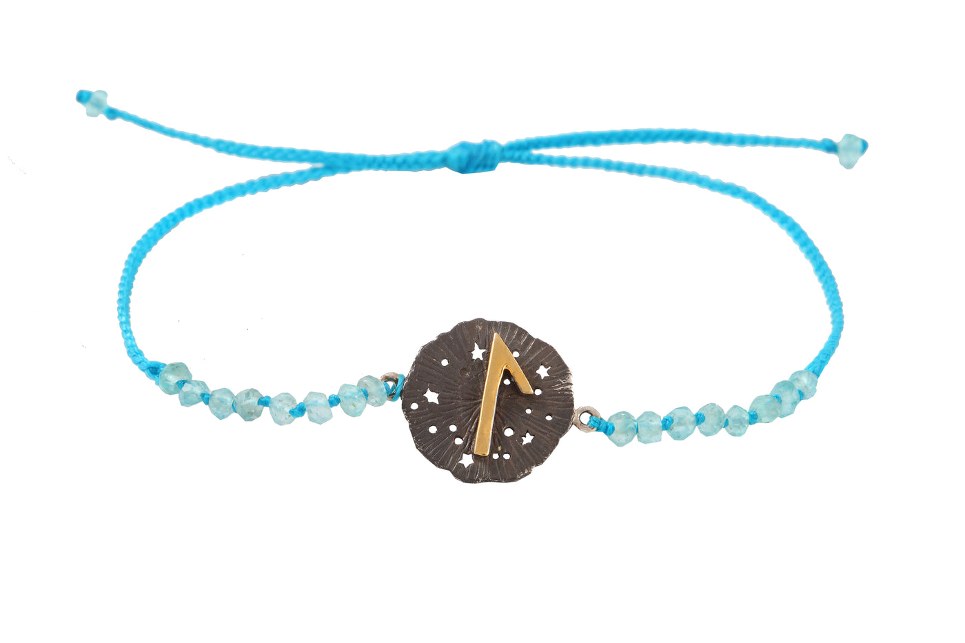 Runic medallion amulet Laguz bracelet with beads. Gold plated and oxide