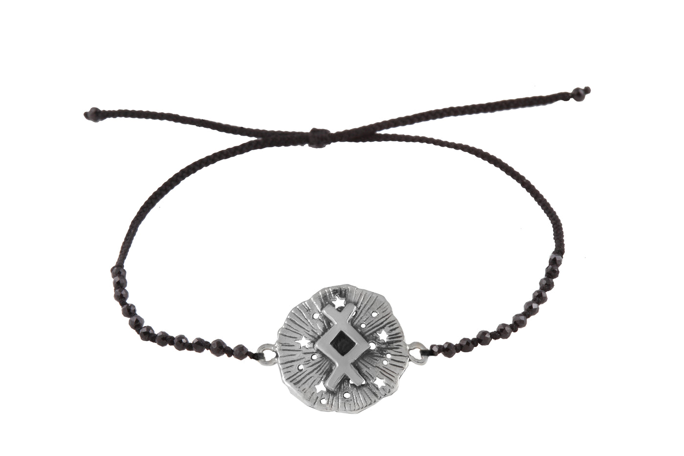 Inguz medallion bracelet with semiprecious stone beads. Silver