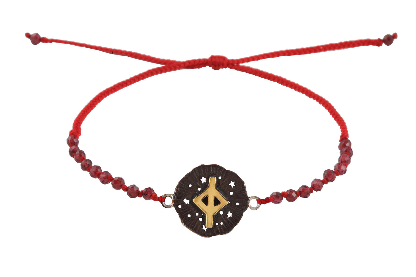 Runic medallion amulet Jera bracelet with beads. Gold plated and oxide