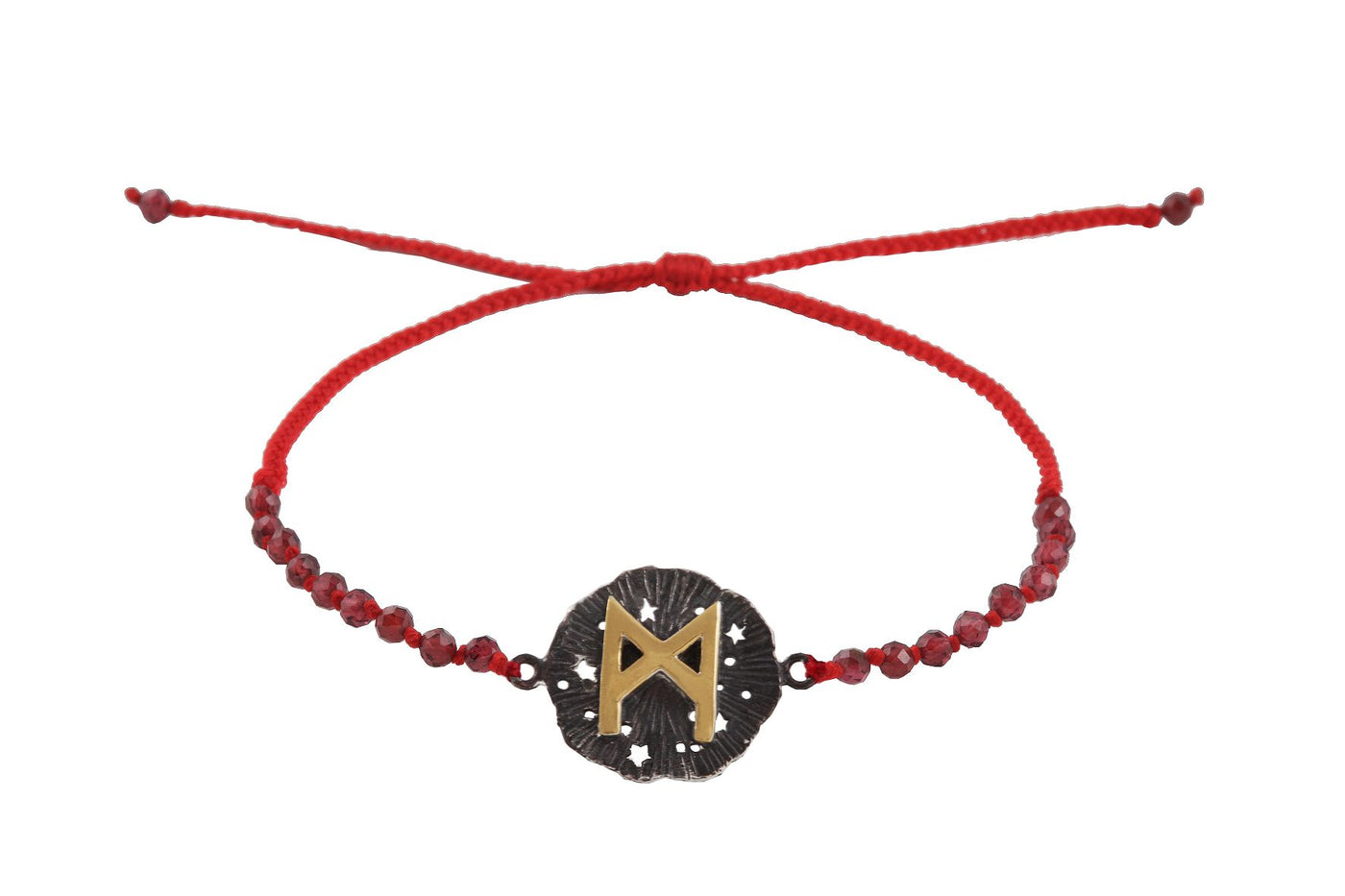 Runic medallion amulet Manaz bracelet with beads. Gold plated and oxide