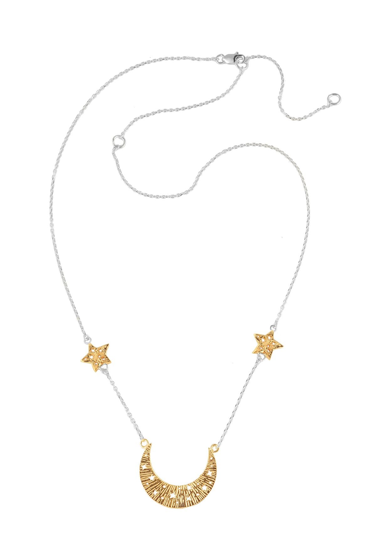 Moon swing with 2 stars on the chain necklace. Silver, partly gold-plated
