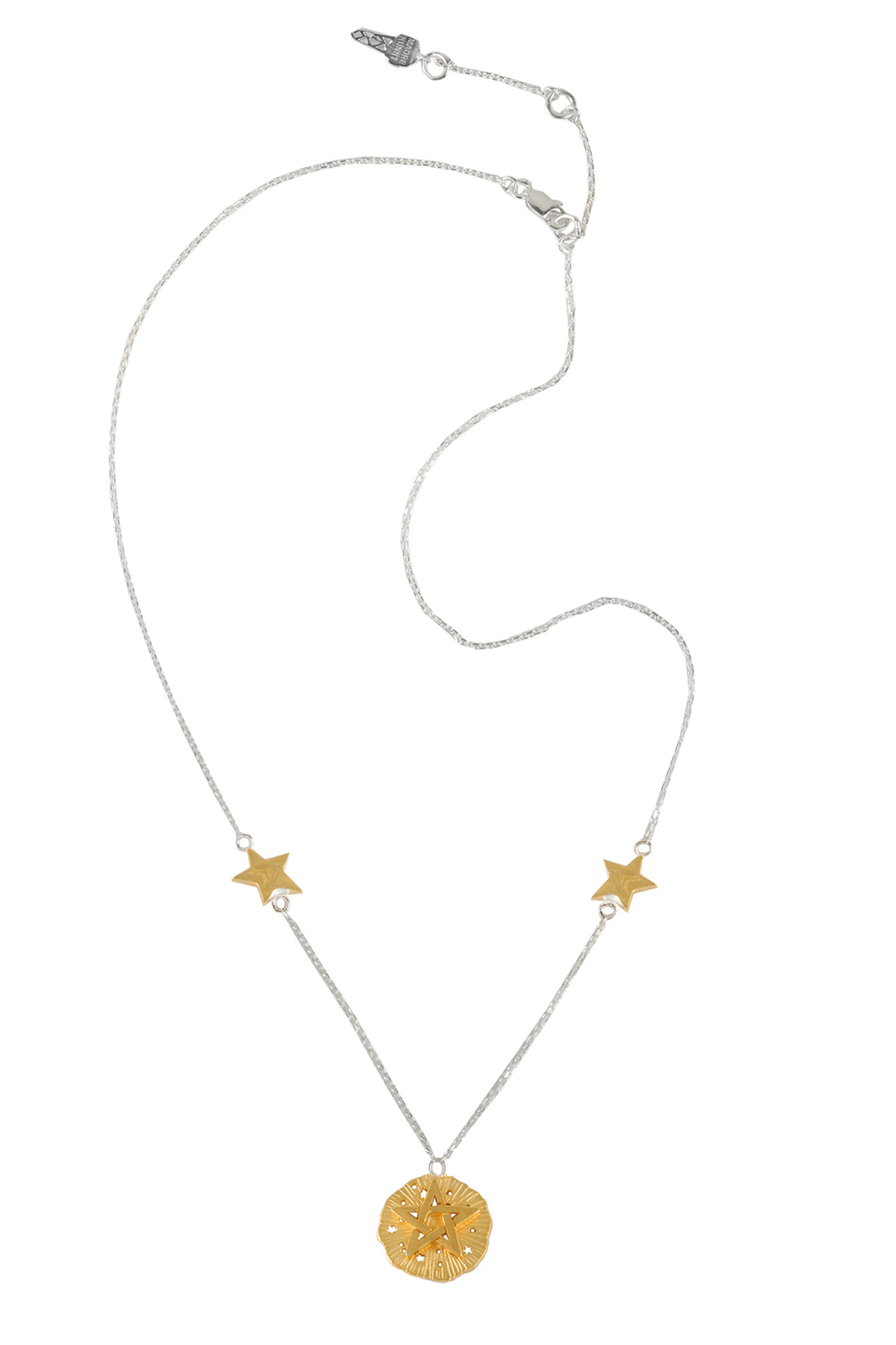 Chain necklace with small pentagram medallion and 2 stars on the chain, 46 cm, partly silver, gold plated