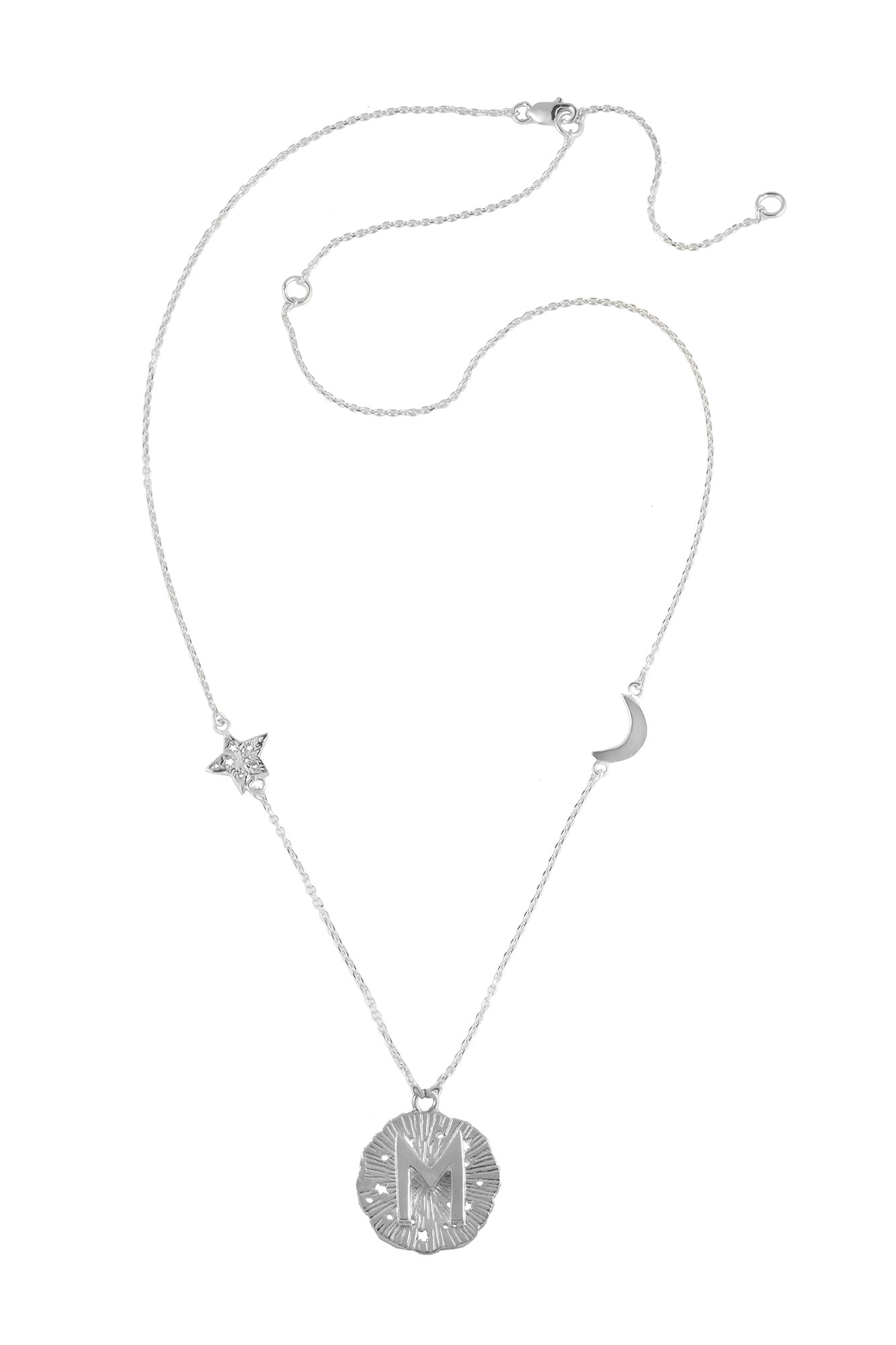 Chain necklace with small runic pendant Ewaz, star and moon, 46 сm. Silver