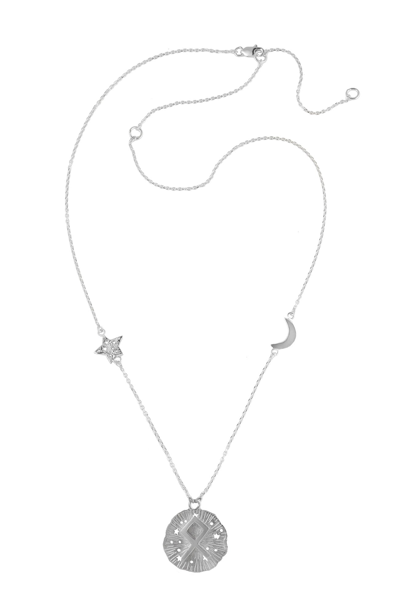 Chain necklace with small runic pendant Odal, star and moon, 46 сm. Silver