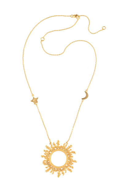 Sun with star and moon on the chain necklace. Silver, gold-plated