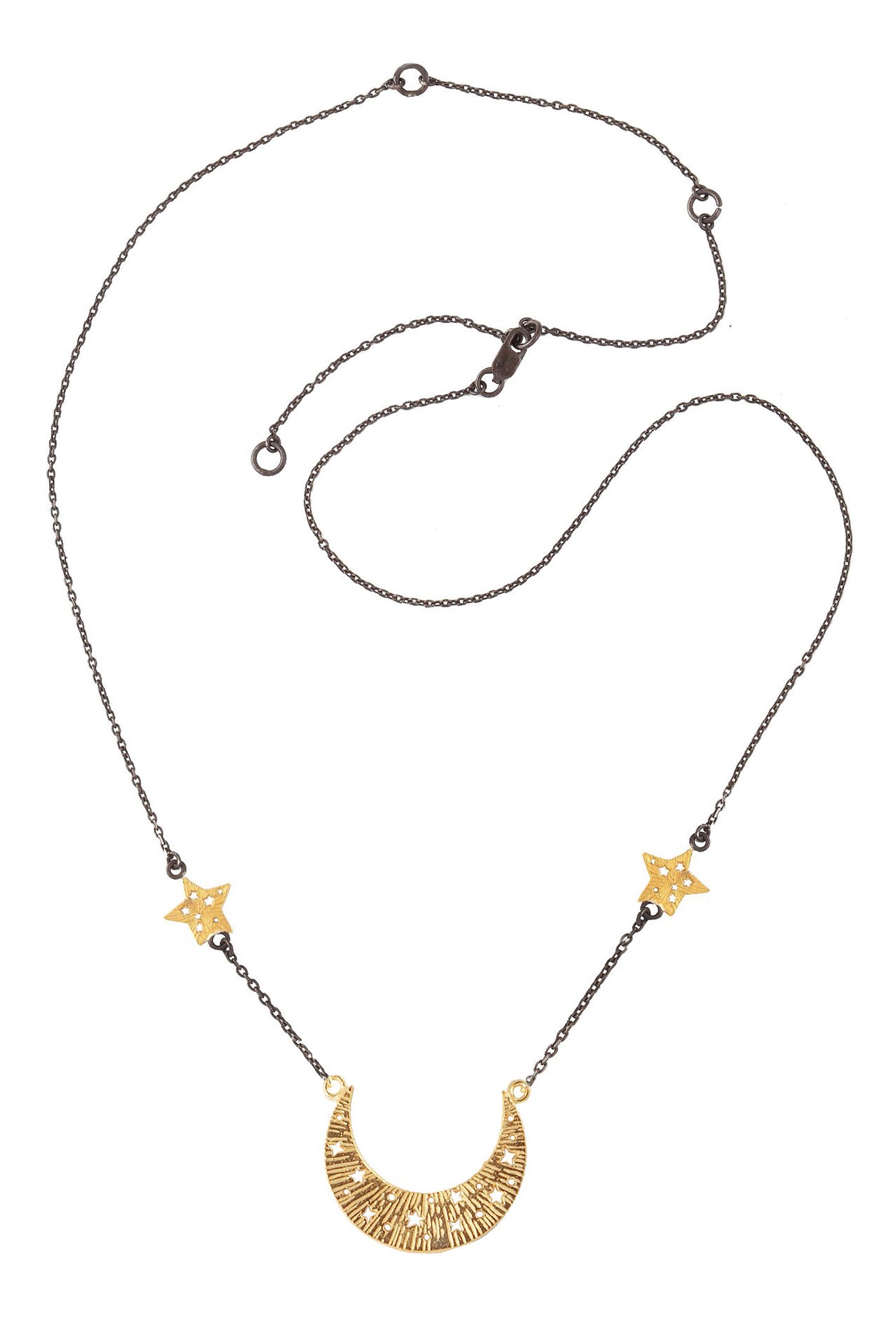 Moon swing with 2 stars on the chain necklace. Silver, gold-plated, oxidized